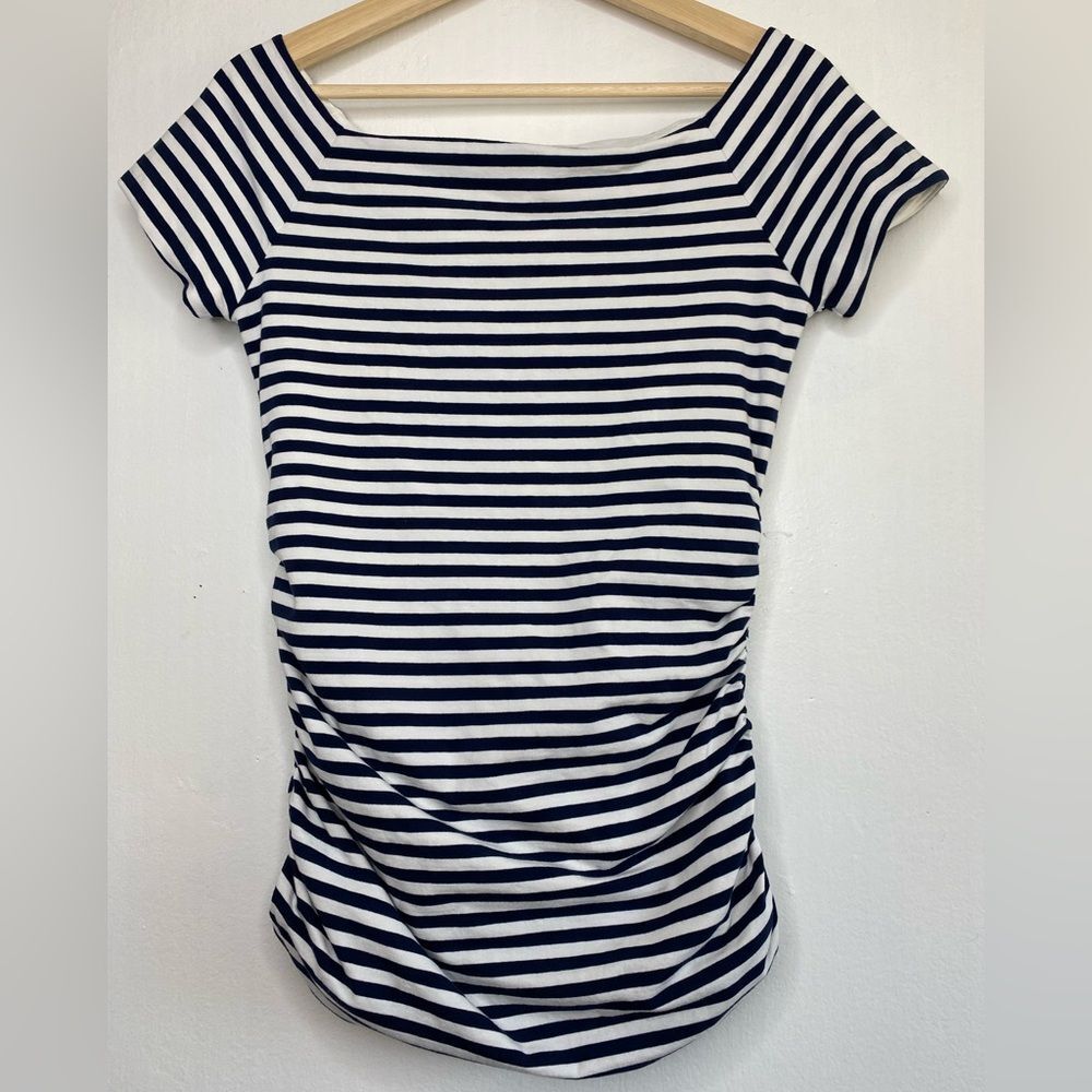 Boden Navy Striped Fitted Ruched Maternity Top Size 8 Coastal Vaca travel